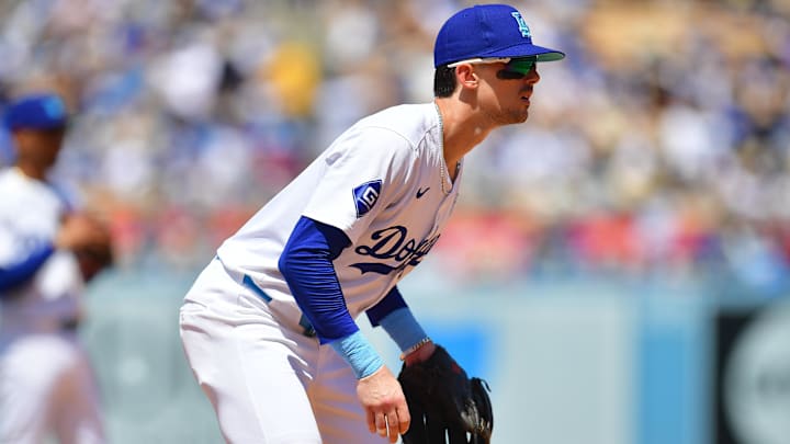 Jun 16, 2024; Los Angeles, California, USA; Los Angeles Dodgers third baseman Cavan Biggio (6) in position against the Kansas City Royals during the seventh inning at Dodger Stadium Jun 16, 2024; Los Angeles, California, USA; Los Angeles Dodgers third baseman Cavan Biggio (6) in position against the Kansas City Royals during the seventh inning at Dodger Stadium