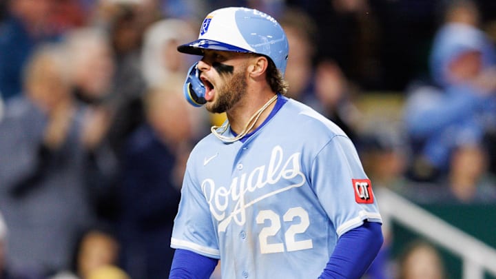 Apr 4, 2026; Kansas City, Missouri, USA; Kansas City Royals catcher Carter Jensen (22) reacts after scoring during the sixth inning against the Milwaukee Brewers at Kauffman Stadium. Mandatory Credit: William Purnell-Imagn Images