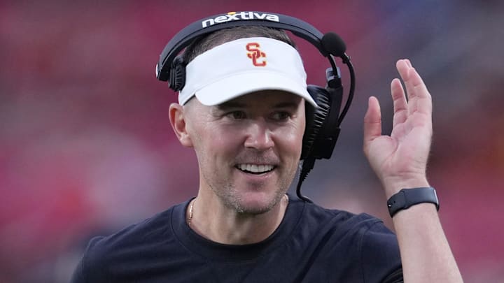 Sep 2, 2023; Los Angeles, California, USA; Southern California Trojans head coach Lincoln Riley reacts against the Nevada Wolf Pack  in the second half at United Airlines Field at Los Angeles Memorial Coliseum. Mandatory Credit: Kirby Lee-Imagn Images