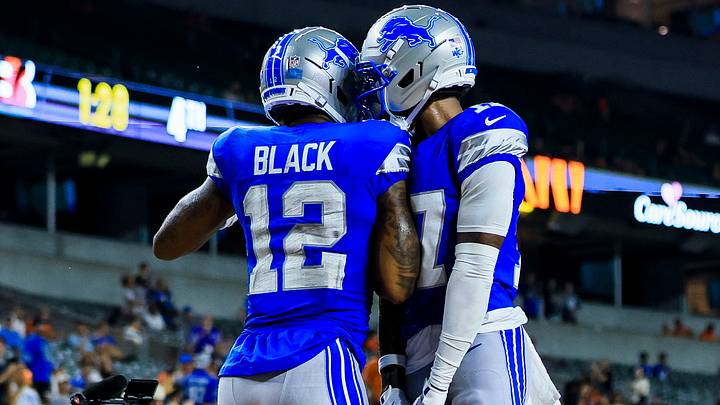 Detroit Lions wide receiver Tarik Black (12) reacts with wide receiver Tay Martin (17) after scoring a touchdown against Bengals Detroit Lions wide receiver Tarik Black (12) reacts with wide receiver Tay Martin (17) after scoring a touchdown against Bengals