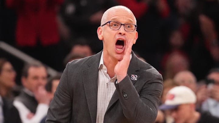 Mar 14, 2026; New York, NY, USA; Connecticut Huskies head coach Dan Hurley yells from the bench against the St. John's Red Storm during the first half of the men's Big East Conference Tournament Championship at Madison Square Garden. Mandatory Credit: Robert Deutsch-Imagn Images