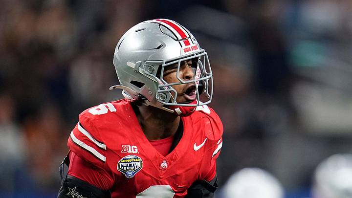 Ohio State Buckeyes safety Sonny Styles (6) celebrates a defensive stop during the first half of the Cotton Bowl Classic College Football Playoff semifinal game against the Texas Longhorns at AT&T Stadium in Arlington, Texas on Jan. 10, 2025.