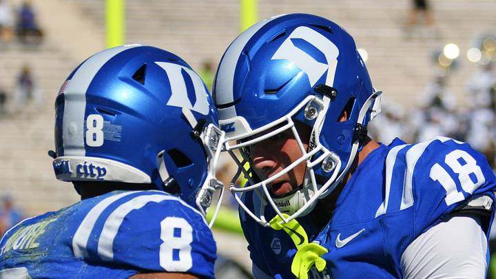 Sep 26, 2026; Durham, North Carolina, USA; Duke Blue Devils wide receiver Jayden Moore's (8) celebrates his touchdown with Brody Keefe (18) and Jake Taylor (15) during the first quarter against the William & Mary Tribe at Wallace Wade Stadium. Mandatory Credit: Zachary Taft-Imagn Images Sep 26, 2026; Durham, North Carolina, USA; Duke Blue Devils wide receiver Jayden Moore's (8) celebrates his touchdown with Brody Keefe (18) and Jake Taylor (15) during the first quarter against the William & Mary Tribe at Wallace Wade Stadium. Mandatory Credit: Zachary Taft-Imagn Images