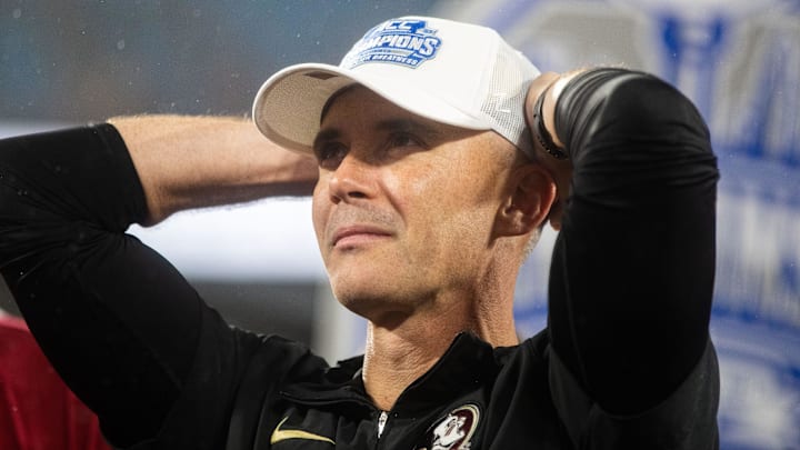 Florida State Seminoles head coach Mike Norvell takes a second to soak in the moment. The Florida State Seminoles defeated the Louisville Cardinals 16-6 to claim the ACC Championship title in Charlotte, North Carolina on Saturday, Dec. 2, 2023. Florida State Seminoles head coach Mike Norvell takes a second to soak in the moment. The Florida State Seminoles defeated the Louisville Cardinals 16-6 to claim the ACC Championship title in Charlotte, North Carolina on Saturday, Dec. 2, 2023.