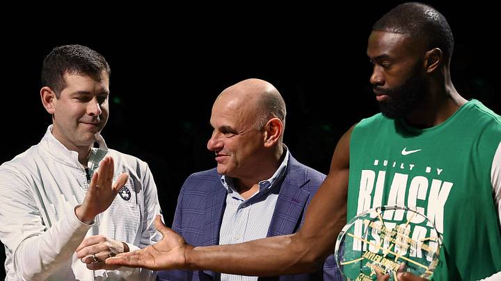 Feb 11, 2026; Boston, Massachusetts, USA; Brad Stevens the president of basketball operations for the Boston Celtics congratulates guard Jaylen Brown (7) for receiving the NBA player of the month award for his performance in the month of January before their game against the Chicago Bulls at TD Garden. Mandatory Credit: Winslow Townson-Imagn Images Feb 11, 2026; Boston, Massachusetts, USA; Brad Stevens the president of basketball operations for the Boston Celtics congratulates guard Jaylen Brown (7) for receiving the NBA player of the month award for his performance in the month of January before their game against the Chicago Bulls at TD Garden. Mandatory Credit: Winslow Townson-Imagn Images