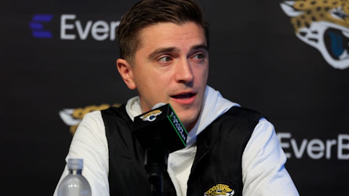 Jacksonville Jaguars general manager James Gladstone speaks during a press conference at the Miller Electric Center, Wednesday, Jan. 14, 2026, in Jacksonville, Fla.