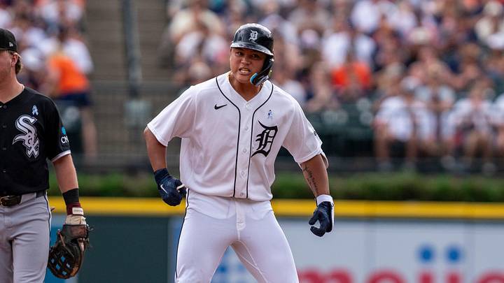 Detroit Tigers infielder Hao-Yu Lee (50) celebrates as he stands on second base against the Chicago White Sox at Comerica Park in Detroit on Sunday, June 21, 2026.