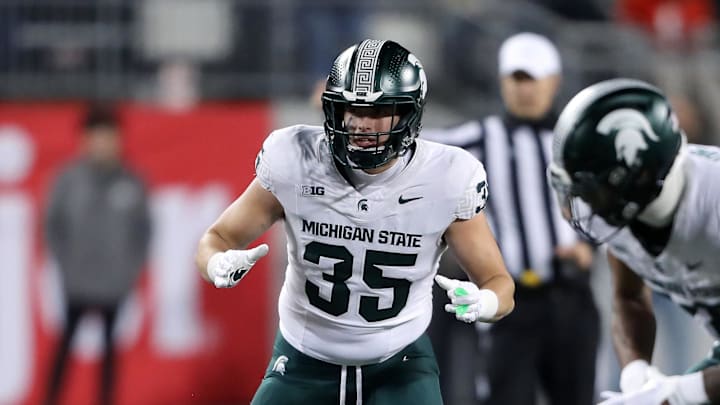 Nov 11, 2023; Columbus, Ohio, USA;  Michigan State Spartans linebacker Sam Edwards (35) during the second half against the Ohio State Buckeyes at Ohio Stadium. Mandatory Credit: Joseph Maiorana-Imagn Images