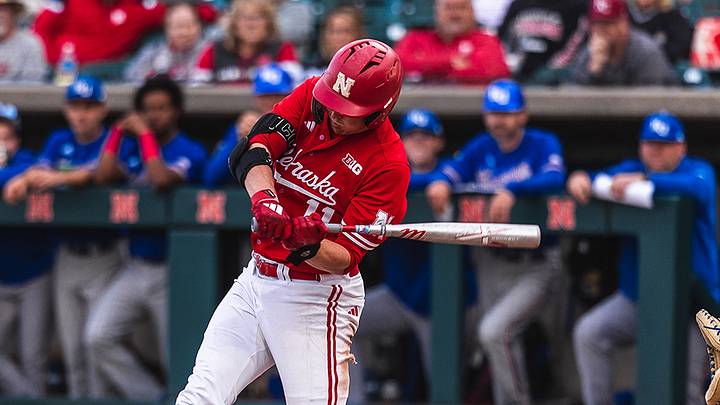 Nebraska right fielder Max Buettenback swings at a pitch against Kansas at Haymarket Park on April 23, 2025.