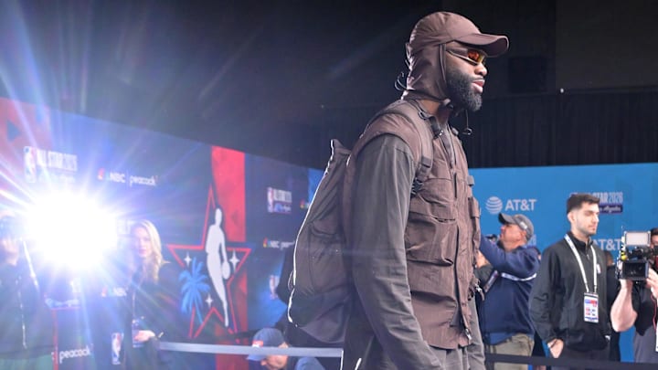 Feb 15, 2026; Los Angeles, CA, USA; Team USA Stripes forward Jaylen Brown (7) of the Boston Celtics on the red carpet before the 75th NBA All Star Game at Intuit Dome. Mandatory Credit: Jayne Kamin-Oncea-Imagn Images