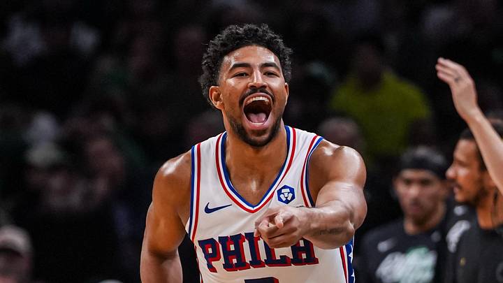 Apr 28, 2026; Boston, Massachusetts, USA; Philadelphia 76ers guard Quentin Grimes (5) reacts after his three point basket against the Boston Celtics in the second half during game five of the first round of the 2026 NBA Playoffs at TD Garden. Mandatory Credit: David Butler II-Imagn Images