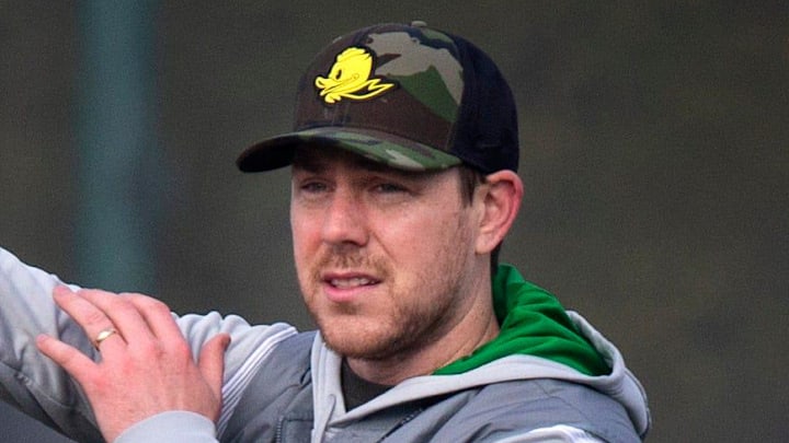 New Oregon offensive coordinator and quarterbacks coach Will Stein leads a drill on the first practice of spring for Oregon football as the Ducks prepare for the 2023 season.

Eug 031623 Uo Spring Fb 15