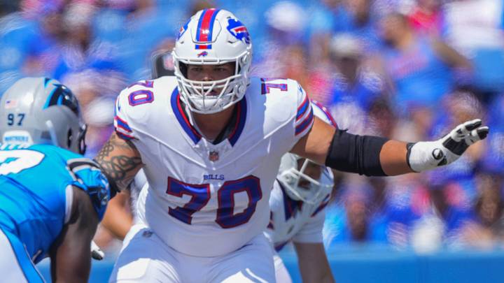 Buffalo Bills offensive tackle Alec Anderson (70) looks to block against the Carolina Panthers during the first half at Highmark Stadium. Buffalo Bills offensive tackle Alec Anderson (70) looks to block against the Carolina Panthers during the first half at Highmark Stadium.