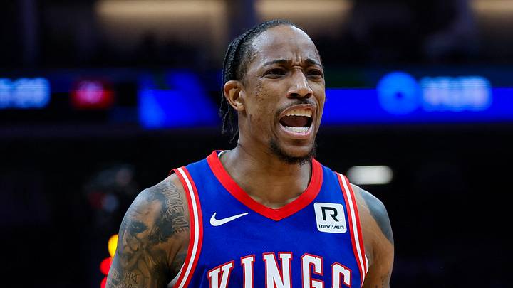 Feb 21, 2025; Sacramento, California, USA; Sacramento Kings forward DeMar DeRozan (10) reacts after a play during the second quarter against the Golden State Warriors at Golden 1 Center. Mandatory Credit: Sergio Estrada-Imagn Images