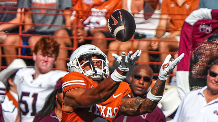 Texas Longhorns receiver DeAndre Moore Jr. (0) makes a catch that would be a touchdown during the game against Mississippi State at Darrell K Royal-Texas Memorial Stadium in Austin Saturday, Sept. 28, 2024.