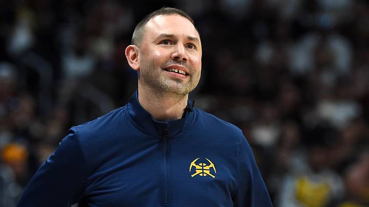 Apr 18, 2026; Denver, Colorado, USA; Denver Nuggets head coach David Adelman walks the sideline after being called for a technical foul during the first half against the Minnesota Timberwolves in game one of the first round of the 2026 NBA Playoffs at Ball Arena. Mandatory Credit: Christopher Hanewinckel-Imagn Images