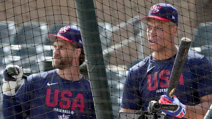 Mar 4, 2026; Scottsdale, AZ, USA; United States first baseman Bryce Harper (24) and right fielder Aaron Judge (99) takes batting practice before a game against the Colorado Rockies at Salt River Fields. Mandatory Credit: Rick Scuteri-Imagn Images