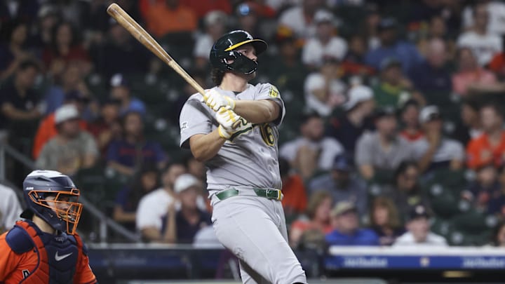 Jul 25, 2025; Houston, Texas, USA;  Athletics designated hitter Nick Kurtz (16) hits his third home run of the game during the eighth inning against the Houston Astros at Daikin Park. Mandatory Credit: Troy Taormina-Imagn Images