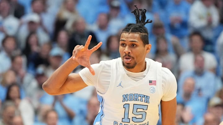 Feb 14, 2026; Chapel Hill, North Carolina, USA; North Carolina Tar Heels forward Jarin Stevenson (15) reacts after making a three point shot in the first half at Dean E. Smith Center. Mandatory Credit: Bob Donnan-Imagn Images