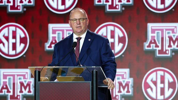 Texas A&M Aggies head coach Mike Elko speaks to the press during SEC Football Kickoff Media Day at the Tampa Marriott. Texas A&M Aggies head coach Mike Elko speaks to the press during SEC Football Kickoff Media Day at the Tampa Marriott.