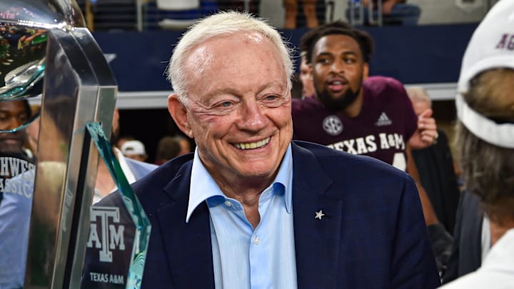 Dallas Cowboys owner Jerry Jones with the Southwest Classic trophy that has gone to the Texas A&M Aggies 10 of the last 11 years. Saturday marks the final chapter for the Arkansas Razorbacks playing the September matchup at AT&T Stadium.