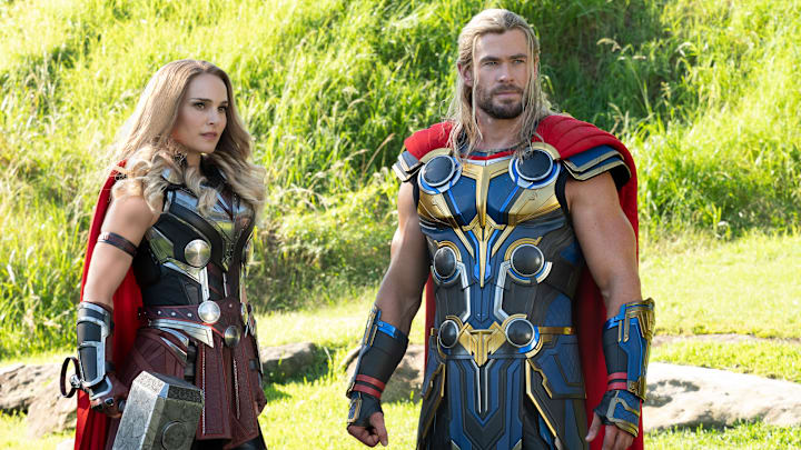 (L-R): Natalie Portman as Mighty Thor and Chris Hemsworth as Thor in Marvel Studios' THOR: LOVE AND THUNDER. Photo by Jasin Boland. ©Marvel Studios 2022. All Rights Reserved.