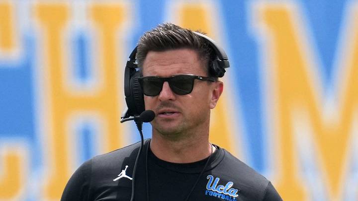 May 2, 2026; Pasadena, CA, USA; UCLA Bruins coach Bob Chesney reacts during the spring game at Rose Bowl. Mandatory Credit: Kirby Lee-Imagn Images