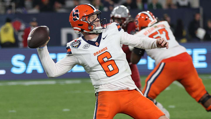 Dec 27, 2024; San Diego, CA, USA; Syracuse Orange quarterback Kyle McCord (6) passes the ball against the Washington State Cougars during the second half  at Snapdragon Stadium. Mandatory Credit: Abe Arredondo-Imagn Images