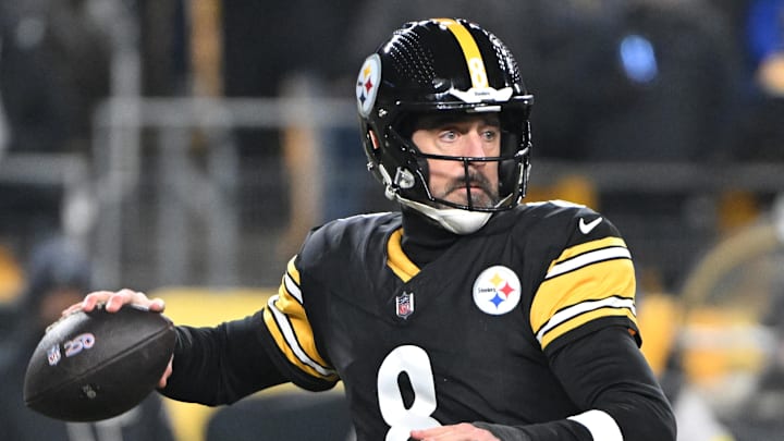 Jan 4, 2026; Pittsburgh, Pennsylvania, USA; Pittsburgh Steelers quarterback Aaron Rodgers (8) drops back to pass against the Baltimore Ravens during the first half at Acrisure Stadium. Mandatory Credit: Barry Reeger-Imagn Images