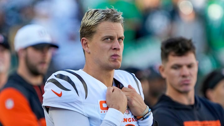 Cincinnati Bengals quarterback Joe Burrow (9) stands on the sidelines after throwing an interception in the 4th quarter at Paycor Stadium on Sunday, October 27, 2024. The Bengals lost to the Philadelphia Eagles 37-17 and remain winless at home.
