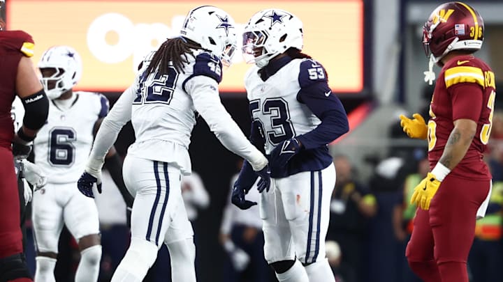 Dallas Cowboys EDGE Jadeveon Clowney and EDGE James Houston celebrate after a sack against the Washington Commanders. Dallas Cowboys EDGE Jadeveon Clowney and EDGE James Houston celebrate after a sack against the Washington Commanders.