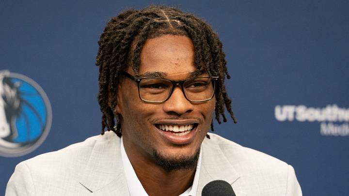 Jun 25, 2026; Dallas, TX, USA;  Morez Johnson Jr, the Dallas Mavericks first-round pick in the 2026 NBA draft answers questions from the media  during an introductory press conference  at American Airlines Center. Mandatory Credit: Raymond Carlin III-Imagn Images