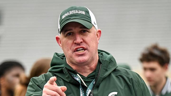 Michigan State's head coach Pat Fitzgerald addresses the team at the end of the football Spring Showcase on Saturday, April 18, 2026, at Spartan Stadium in East Lansing. Michigan State's head coach Pat Fitzgerald addresses the team at the end of the football Spring Showcase on Saturday, April 18, 2026, at Spartan Stadium in East Lansing.