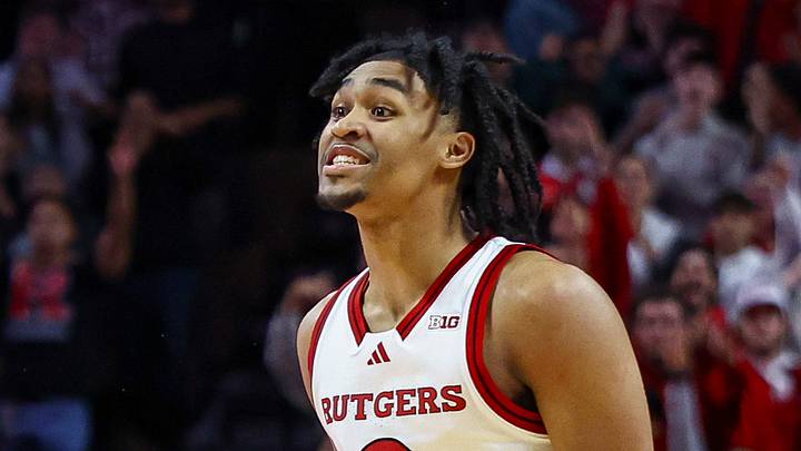Nov 11, 2024; Piscataway, New Jersey, USA; Rutgers Scarlet Knights guard Dylan Harper (2) reacts after a basket during the second half against the St. Peter's Peacocks at Jersey Mike's Arena. Mandatory Credit: Vincent Carchietta-Imagn Images