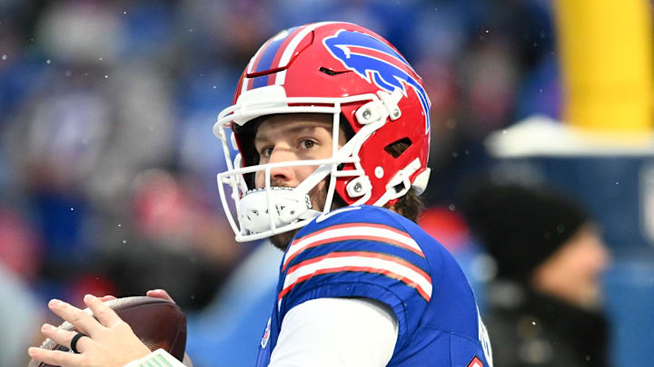 Jan 4, 2026; Orchard Park, New York, USA; Buffalo Bills quarterback Josh Allen (17) warms up before the game against the New York Jets at Highmark Stadium. Mandatory Credit: Mark Konezny-Imagn Images
