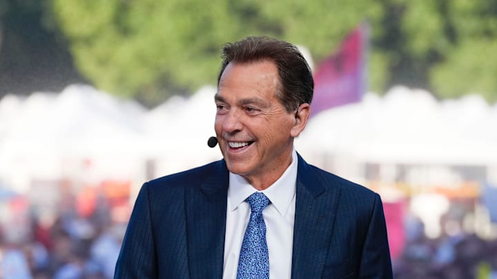 Oct. 4, 2025; Tuscaloosa, Alabama, USA; Former Alabama coach Nick Saban smiles as he is on set during ESPN’s College GameDay on location on the Quad at the University of Alabama before the Alabama versus Vanderbilt game.