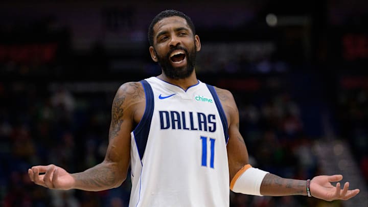 Jan 29, 2025; New Orleans, Louisiana, USA;  Dallas Mavericks guard Kyrie Irving (11) reacts to fan during the second half against the New Orleans Pelicans at Smoothie King Center. Mandatory Credit: Matthew Hinton-Imagn Images