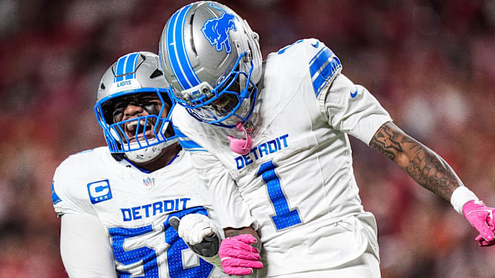 Detroit Lions wide receiver Jameson Williams (1) celebrates a touchdown against Kansas City Chiefs 