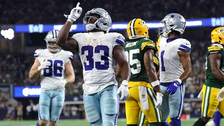 Dallas Cowboys running back Javonte Williams celebrates after scoring a touchdown against the Green Bay Packers. Dallas Cowboys running back Javonte Williams celebrates after scoring a touchdown against the Green Bay Packers.