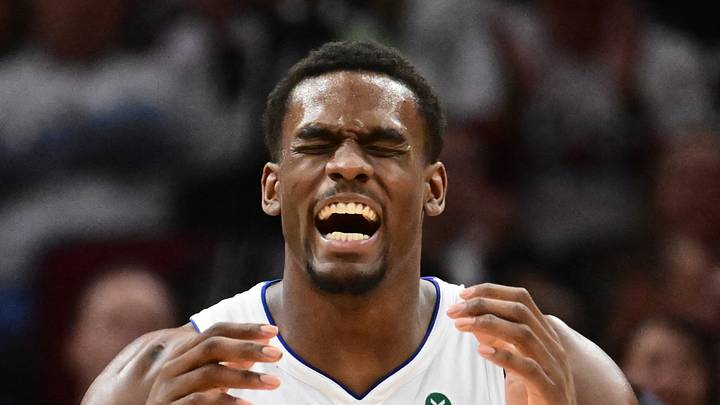 May 11, 2026; Cleveland, Ohio, USA; Detroit Pistons center Jalen Duren (0) reacts after a play against the Cleveland Cavaliers during the second half of game four in the second round of the 2026 NBA Playoffs at Rocket Arena. Mandatory Credit: Ken Blaze-Imagn Images