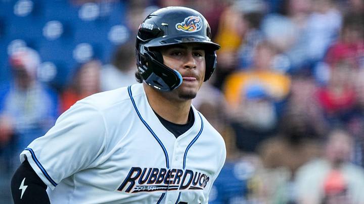 Akron infielder Ralphy Velazquez (24) walks during the home opening day game against Reading, April 2, 2026, in Akron, Ohio. Akron infielder Ralphy Velazquez (24) walks during the home opening day game against Reading, April 2, 2026, in Akron, Ohio.