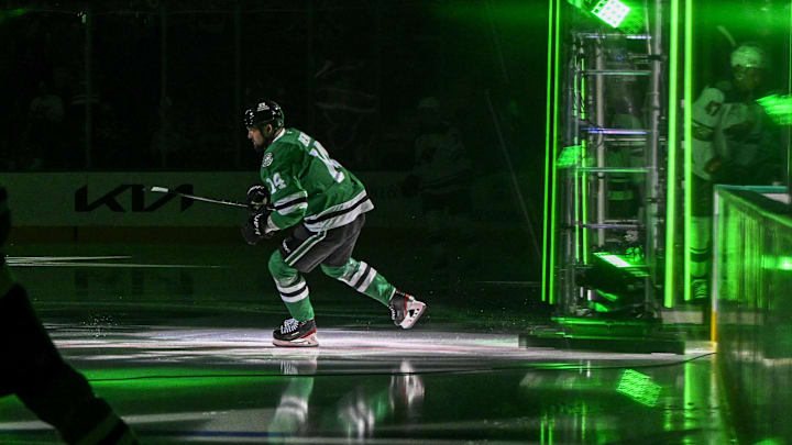 Sep 23, 2025; Dallas, Texas, USA; Dallas Stars left wing Jamie Benn (14) takes the ice before the game between the Stars and the Minnesota Wild at American Airlines Center. Mandatory Credit: Jerome Miron-Imagn Images