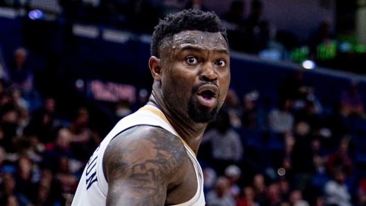 Feb 25, 2025; New Orleans, Louisiana, USA;  New Orleans Pelicans forward Zion Williamson (1) reacts to a play against the San Antonio Spurs during the first half at Smoothie King Center. Mandatory Credit: Stephen Lew-Imagn Images