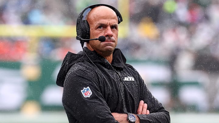 Sep 29, 2024; East Rutherford, New Jersey, USA; New York Jets head coach Robert Saleh looks on during the first half against the Denver Broncos at MetLife Stadium. Mandatory Credit: Vincent Carchietta-Imagn Images