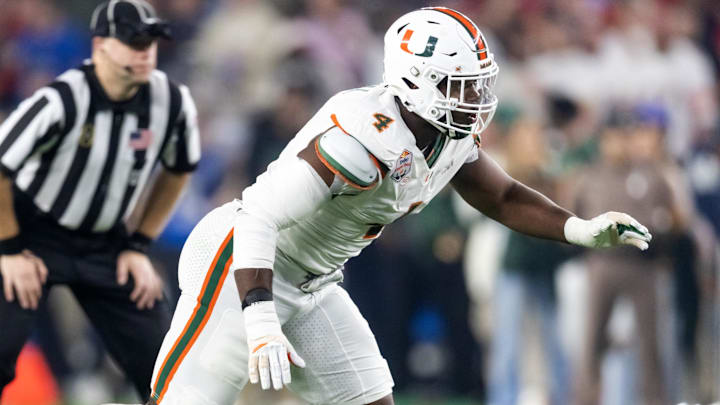 Miami Hurricanes EDGE Rueben Bain Jr. against the Mississippi Rebels during the 2026 Fiesta Bowl.