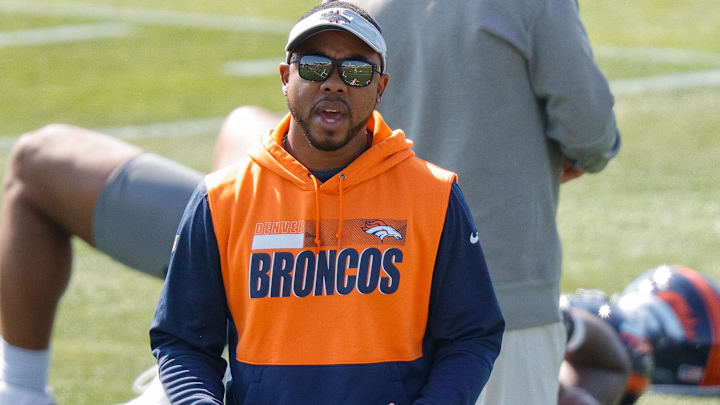 Denver Broncos defensive backs coach Christian Parker during training camp at UCHealth Training Complex. Denver Broncos defensive backs coach Christian Parker during training camp at UCHealth Training Complex.