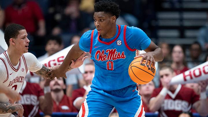 Arkansas forward Trevon Brazile (7) guards Mississippi forward Malik Dia (0) during their semifinal game of the 2026 SEC Men’s Basketball Tournament at Bridgestone Arena in Nashville, Tenn., Saturday, March 14, 2026. Arkansas forward Trevon Brazile (7) guards Mississippi forward Malik Dia (0) during their semifinal game of the 2026 SEC Men’s Basketball Tournament at Bridgestone Arena in Nashville, Tenn., Saturday, March 14, 2026.