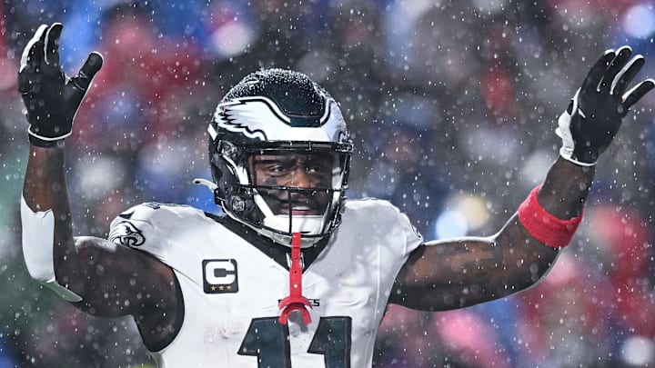 Dec 28, 2025; Orchard Park, New York, USA; Philadelphia Eagles wide receiver A.J. Brown (11) during a timeout in the third quarter against the Buffalo Bills at Highmark Stadium. Mandatory Credit: Mark Konezny-Imagn Images