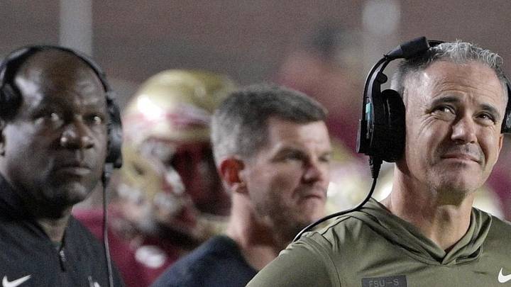 Nov 15, 2025; Tallahassee, Florida, USA; Florida State Seminoles head coach Mike Norvell during the second half against the Virginia Tech Hokies at Doak S. Campbell Stadium. Mandatory Credit: Melina Myers-Imagn Images
