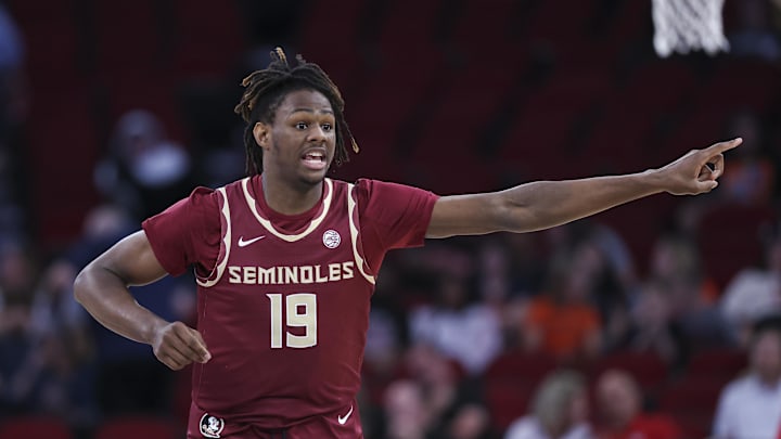 Nov 9, 2024; Houston, Texas, USA; Florida State Seminoles forward AJ Swinton (19) reacts after a play during the second half against the Rice Owls at Toyota Center. Mandatory Credit: Troy Taormina-Imagn Images Nov 9, 2024; Houston, Texas, USA; Florida State Seminoles forward AJ Swinton (19) reacts after a play during the second half against the Rice Owls at Toyota Center. Mandatory Credit: Troy Taormina-Imagn Images
